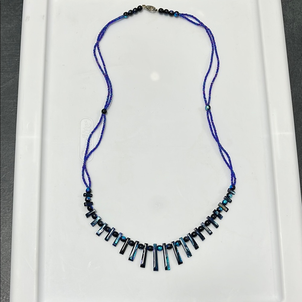 Blue and Purple Beaded Necklace with Fringe Pendant